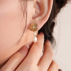 Dignified Golden Camellia Pearl Dangle Earrings, Handmade Earrings, Bridal Earrings, Personalised Earrings, Delicate Earrings, Gifts for Her