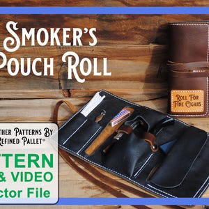 May include: A leather pouch roll for storing cigars and accessories. The pouch is brown with white stitching and has a label that reads "Roll for Fine Cigars". The pouch is open to reveal a black interior with multiple pockets and compartments.