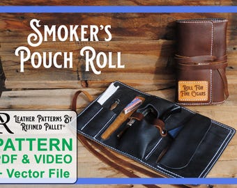 Könnte beinhalten: Eine Leder-Tabaktasche zum Aufrollen für die Aufbewahrung von Zigarren und Zubehör. Die Tasche ist braun mit weißen Nähten und trägt ein Etikett mit der Aufschrift "Roll for Fine Cigars". Die Tasche ist geöffnet und zeigt ein schwarzes Innenleben mit mehreren Taschen und Fächern.
