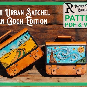 May include: Two leather satchels with artwork inspired by Van Gogh's paintings. One depicts a landscape with birds, the other, "Starry Night." The bags have tan leather bodies, black trim, and metal hardware. The text "MINI URBAN SATCHEL VAN GOGH EDITION" is visible.