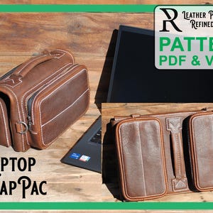 May include: A brown leather Laptop Wrap Pac with white stitching and a handle. The image also shows a laptop and a pattern advertisement that says "Leather Patterns by Refined Pallet" and "Pattern PDF & Video."