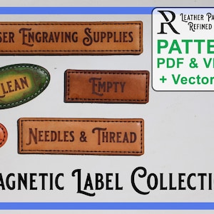 Puede incluir: Colección de etiquetas magnéticas de cuero con textos como "Laser Engraving Supplies", "Clean", "Empty" y "Needles & Thread". Las etiquetas son de varias formas y tamaños, con un aspecto de cuero marrón. El texto "Magnetic Label Collection" está en la parte inferior.
