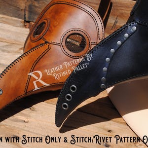 May include: Two leather plague doctor masks, one brown and one black, with stitching and rivets. The masks are shown with the text "Leather Patterns by Refined Pallet".