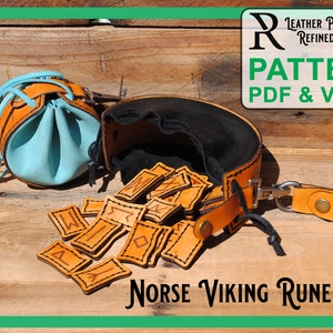 May include: A leather Norse Viking rune set with a drawstring pouch and a larger open pouch. The set includes rectangular runes with etched symbols. The pouches are orange and black with a turquoise interior. The image also includes the text "PATTERN PDF & VIDEO".