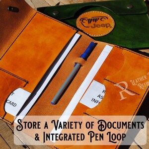 May include: A brown leather document holder with a pen loop, a card slot, and a pocket for additional documents. The holder has a stitched border and the text "Handmade by Refined Pallet" and "Leather Patterns by Refined Pallet" is embossed on the front. The holder is open and a blue pen is in the pen loop.