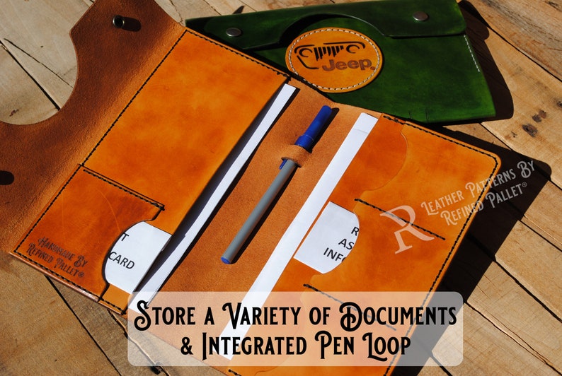 May include: A brown leather document holder with a pen loop, a card slot, and a pocket for additional documents. The holder has a stitched border and the text "Handmade by Refined Pallet" and "Leather Patterns by Refined Pallet" is embossed on the front. The holder is open and a blue pen is in the pen loop.