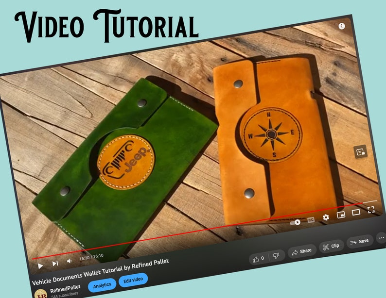 May include: A video tutorial demonstrating how to craft a leather wallet for vehicle documents. The wallet is crafted from brown and green leather and incorporates a compass design and a Jeep logo. The video is titled "Vehicle Documents Wallet Tutorial by Refined Pallet".