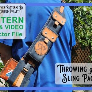 May include: A blue leather sling pack with a brown leather strap and a brown leather pocket with an axe design. The text "THROWING AXE SLING PACK" is printed in black on a white background.