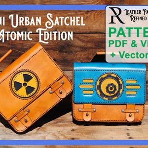 May include: Two leather satchels, one orange and one blue, with atomic and gear designs. The orange satchel has a radiation symbol. The blue satchel has a gear design. Text reads "MINI URBAN SATCHEL ATOMIC EDITION" and "PATTERN PDF & VIDEO + Vector File."
