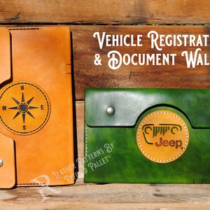 May include: Two leather wallets, one brown with a compass design and the other green with a Jeep logo. Both wallets have a flap with a snap closure. The text "VEHICLE REGISTRATION & DOCUMENT WALLET" is above the wallets. The text "LEATHER PATTERNS BY REFINED PALLET" is below the wallets.