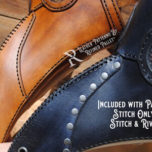 May include: Two leather plague doctor masks, one brown and one black. The brown mask has stitching detail and the text "Leather Patterns by Refined Pallet" on the side. The black mask has stitching and rivets. The text "Included with Pattern Stitch Only Stitch & Rivet" is on the black mask.