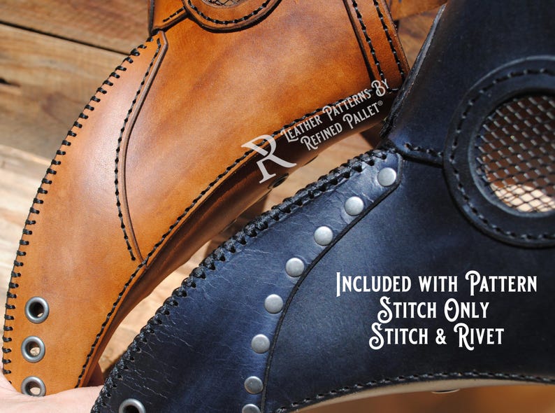 May include: Two leather plague doctor masks, one brown and one black. The brown mask has stitching detail and the text "Leather Patterns by Refined Pallet" on the side. The black mask has stitching and rivets. The text "Included with Pattern Stitch Only Stitch & Rivet" is on the black mask.
