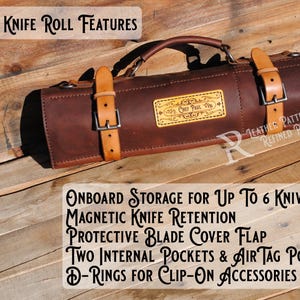 May include: A brown leather chef's knife roll with tan straps and silver buckles. The roll has a handle and a decorative patch with text. Text on the image reads "Chef's Knife Roll Features" and "Onboard Storage for Up To 6 Knives".