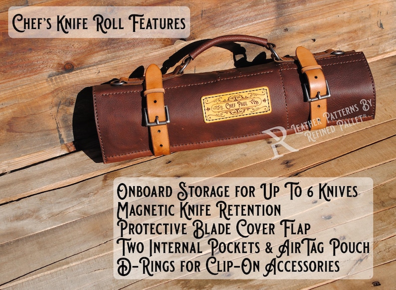 May include: A brown leather chef's knife roll with tan straps and silver buckles. The roll has a handle and a decorative patch with text. Text on the image reads "Chef's Knife Roll Features" and "Onboard Storage for Up To 6 Knives".