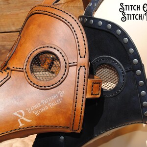 May include: A brown leather plague doctor mask with a metal mesh eye piece. The mask is stitched with black thread and has the text "Leather Patterns by Refined Pallet" embossed on the side. The mask is shown next to a black leather mask with metal rivets and a metal mesh eye piece.