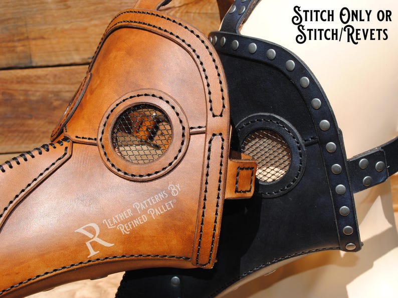 May include: A brown leather plague doctor mask with a metal mesh eye piece. The mask is stitched with black thread and has the text "Leather Patterns by Refined Pallet" embossed on the side. The mask is shown next to a black leather mask with metal rivets and a metal mesh eye piece.