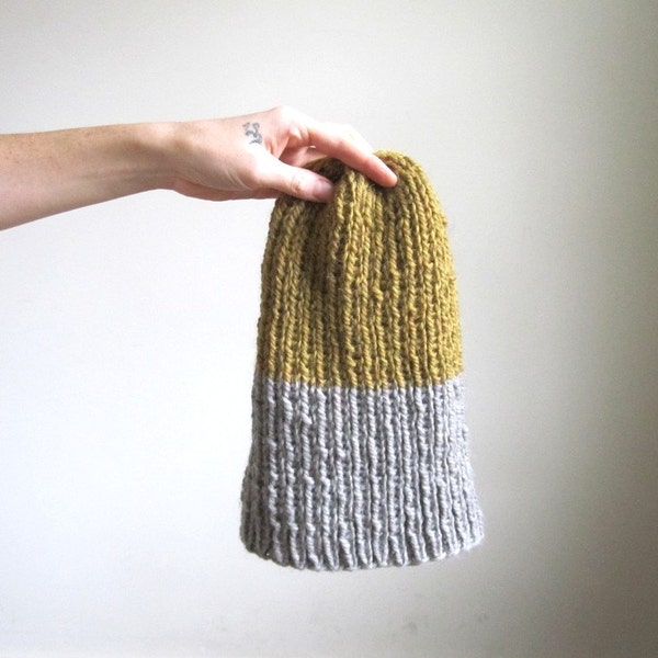 Stone Grey and Mustard Color Block Hat // Women's Cloche // Slouchy Beanie