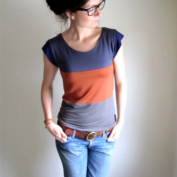 Rust Stripe Color Block Tee, Modal Blouse, Women's Top, Scoop Neck Tank, Neutral Tshirt, Yoga Top, Made to Order