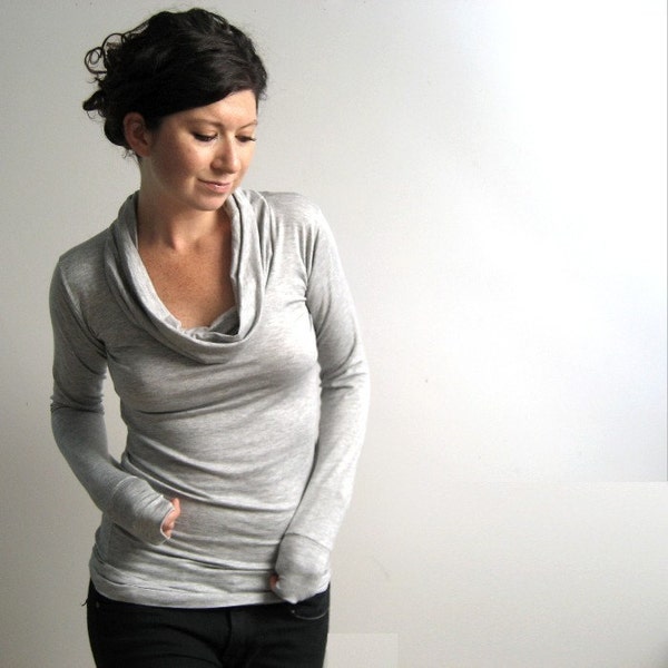 Heather Grey Long Sleeve Top, Cowl Shirt, Womens Blouse, Modal Tunic, Custom Made to Order