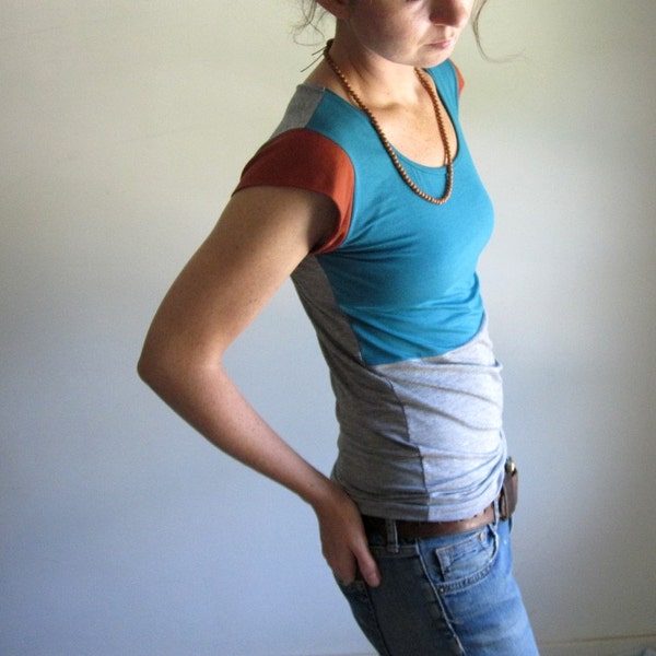 Bloque blusa de Color verde azulado brillante y gris / parte superior de la mujer / Tee camisa / camiseta de encargo