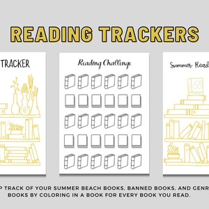 Puede incluir: Tres rastreadores de lectura imprimibles con un tema de estantería. El primer rastreador se titula "Rastreador de lectura" y presenta una estantería con una variedad de libros. El segundo rastreador se titula "Desafío de lectura" y presenta una cuadrícula de 24 contornos de libros. El tercer rastreador se titula "Rastreador de lectura de verano" y presenta una estantería con una variedad de libros.