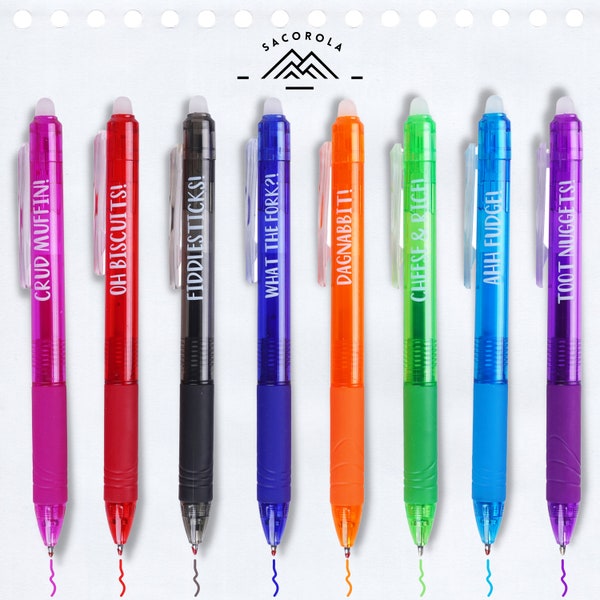 Erasable Funny Pens for Adults, 8 Colorful Gel Ink Pens with One Set of Ink Refills, Clean Cuss Words for Everyone, Great for Gifting