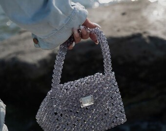 Merkur Kristall Tasche, Silber Tasche, Champagner Handtasche, Kristall Handtasche, Perlen Abendtasche, Geschenk für Sie, elegante Abendtasche, Hochzeitsgäste Tasche