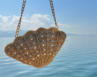 Crochet Raffia Oyster Shell Bag, Pearly Mussel Crossbody Bag, Knitted Straw Purse for Women,specially designed bag for Mother's Day,