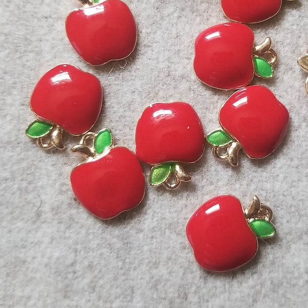 10 Pcs Red Enameled Apple Charms - 11.5mm x 14mm
