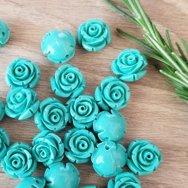 10+ Pcs Aqua 12mm Rose Resin Flower Beads Side Drilled Round Back Turquoise - 12mm