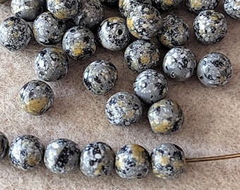 Gray with Splatter Finish - Black White Yellow - Czech Pressed Glass Beads - Tiny 6mm (20 pcs)
