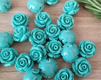 10+ Stück Aqua 12 mm Rose Harz Blumen Perlen seitlich gebohrt Runde Rückseite Türkis - 12 mm