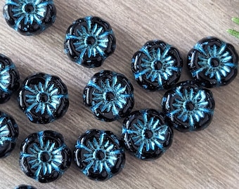 20 Pcs Jet Black with Bright Aqua Blue Metallic Finish - Czech Pressed Glass Hawaii Flower Beads - 9mm