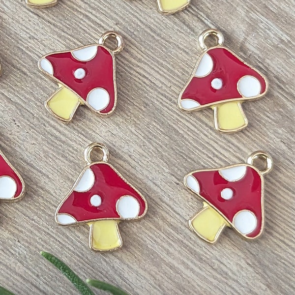 10 Pcs Toadstool Mushroom Small Enamel Charms- Cartoon Style Polka Dots - Red White Yellow - 13x15mm