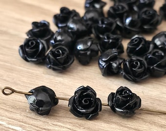 Small Resin Rose Beads - Jet Black Opaque - 10mm