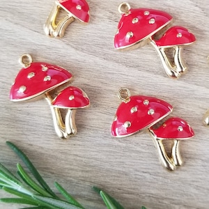 5 Pcs Red and Gold Dotted Mushroom Toadstool Enamel Charms - 26mm
