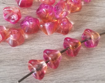 20 pcs Orange Fuchsia Mix 6x8mm Transparent Pink Czech Bell Flower Beads