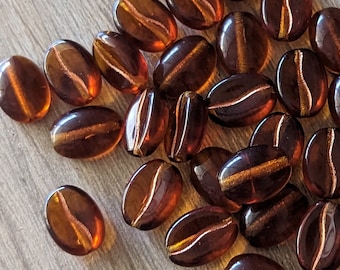 25+ Pcs Coffee Bean Beads - Transparent Amber with Copper Inlay Czech Glass - 11mm