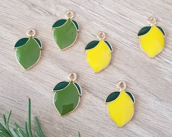 6 or 10 Pcs Lemon with Leaves Enamel Charm Pendant Gold-Tone Yellow Citrus - 20mm