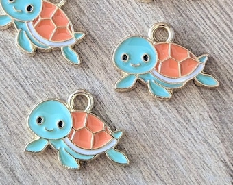 5 Pcs Baby Turtle Green and Orange Enamel Charms - 16mm