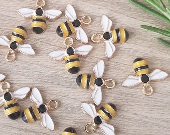 10 Pcs Honey Bee Enameled Charms Black Yellow White Wings - 15mm