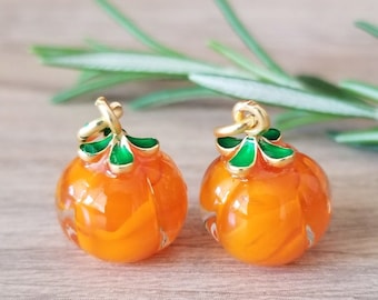 2 Pcs Glass Persimmon Orange Fruit Pendants 3D Gold with Green Enamel Leaves - 16mm
