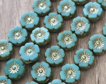 Turquoise Green with Gold Finish 9mm Hibiscus Czech Table Cut Flower Beads (20 Pcs)