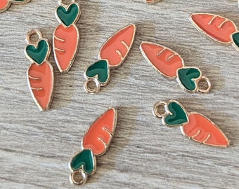 10 Pcs Carrot with Heart Shaped Leaf Small Enamel Charm - Orange Green Summer Veggie Garden - 15mm