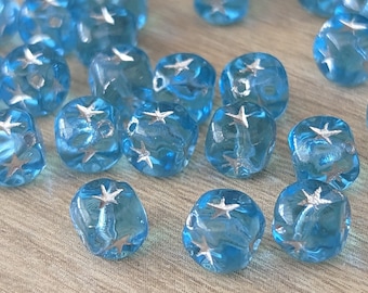 30 Pcs Small Cube Star Beads - Aquamarine Transparent with Metallic Silver Star Design - Diagonal Hole - Czech Glass - 7mm