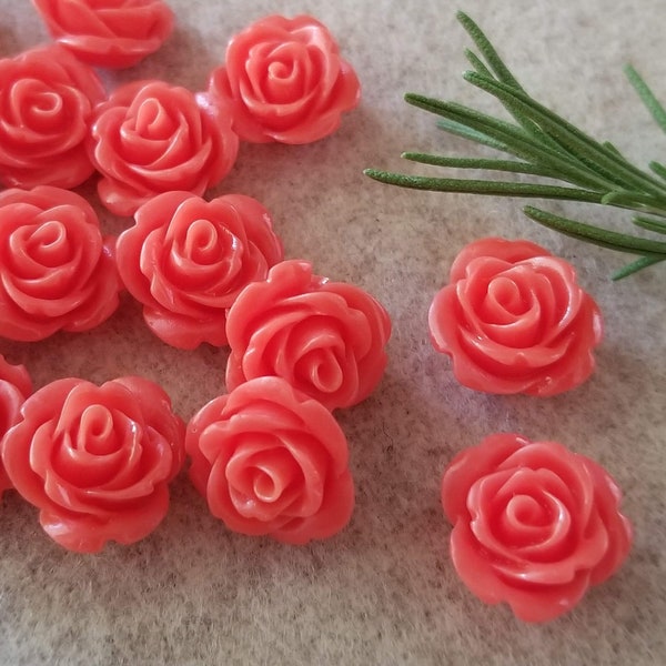 10+ Pcs Coral Orange Pink 14mm Rose Resin Flower Beads Side Drilled Round Back - 14mm