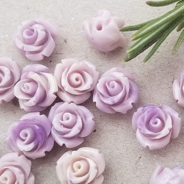 20+ Pcs Lavender 10mm Rose Resin Flower Beads Side Drilled Round Back Variegated White Purple - 10mm