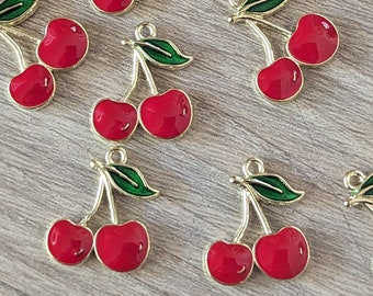 10 Pcs Red Cherries Slightly Rounded Enamel Charms Summer Fruit Cherry - 16x19mm