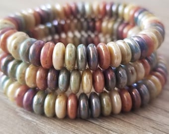 50 Pcs 6mm Disc Spacer Czech Pressed Opaque Glass Beads Rainbow Mix with Natural Stone Finish - Full Strand