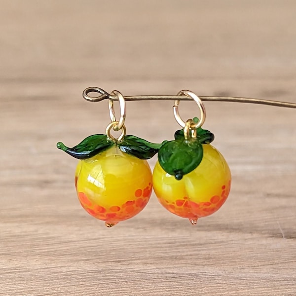 2 Pcs Glass Peach Fruit Pendants - Yellow and Orange- Lampworked 3D Gold with Green Enamel Leaves - 17mm